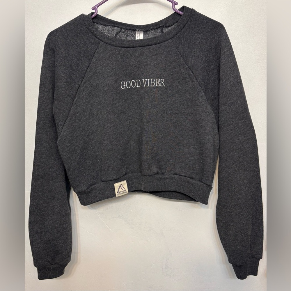 American Apparel Flex Fleece Gray Good Vibes Crop Sweatshirt Womans Size Small